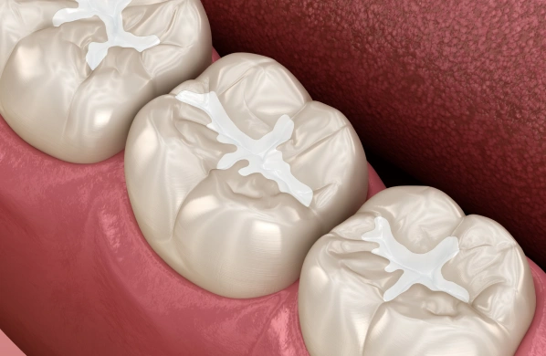 Close-up view of three white dental crowns on pink gum model showing detailed restoration work.