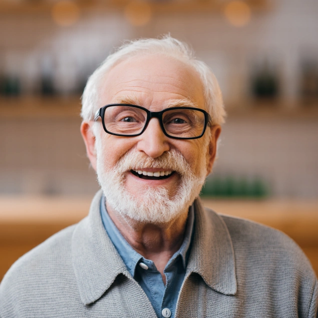 Smiling older man with glasses wearing collared shirt in dental office setting.